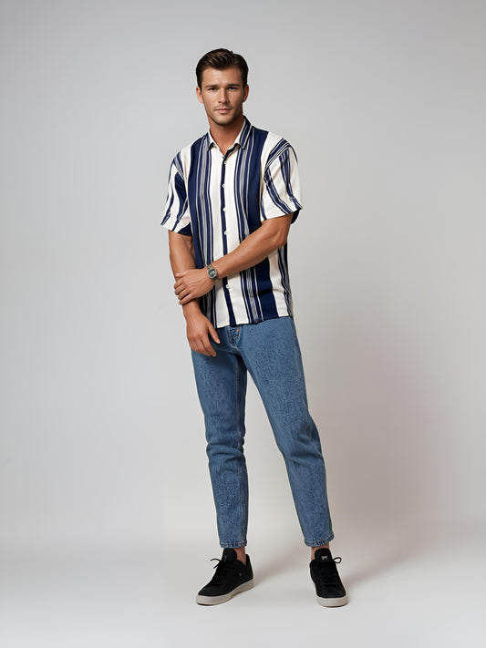 Model wearing Navy & Cream Striped Shirt made from imported light knit jute jacquard, 100% cotton – front pose