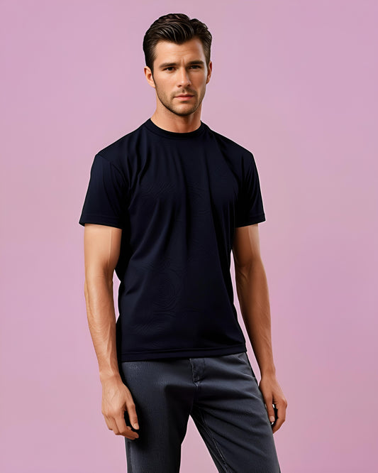 Navy Blue Rose Embossed Drop Shoulder T-Shirt