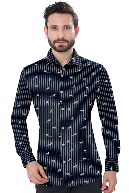 Blue Striped Horse Print Cotton Shirt - styleflea