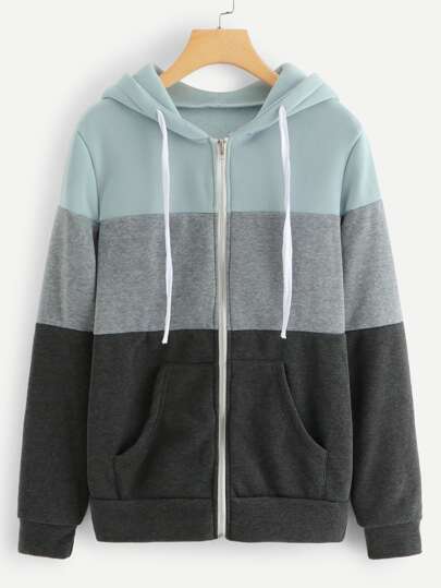 Colorblock Zip Up Hooded Jacket - styleflea