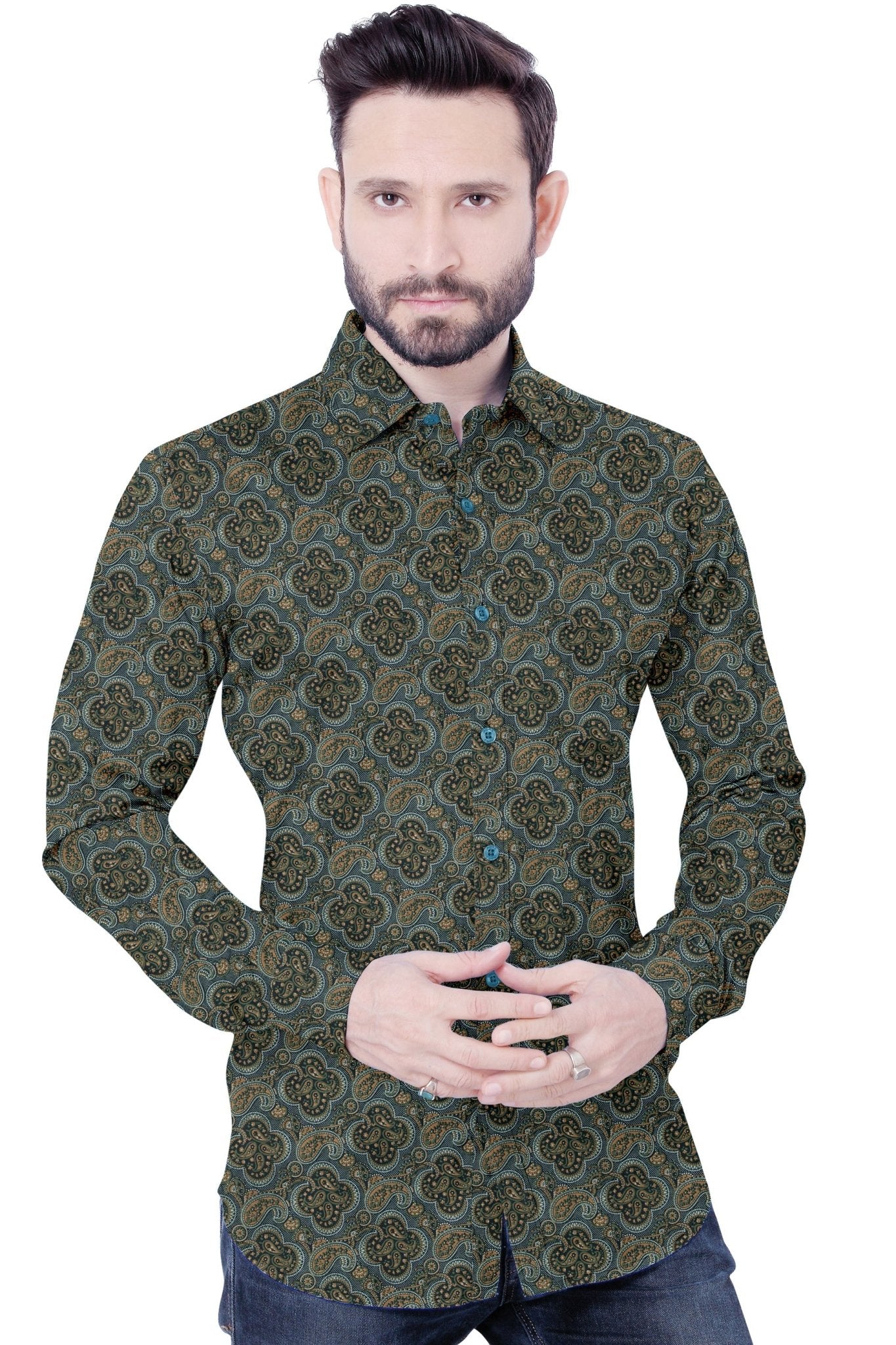 Dark Green Printed Casual Cotton Shirt