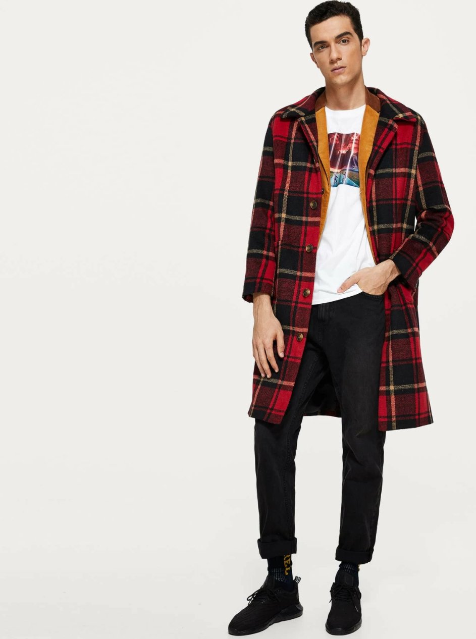 Men Button Up Plaid Print Coat - styleflea