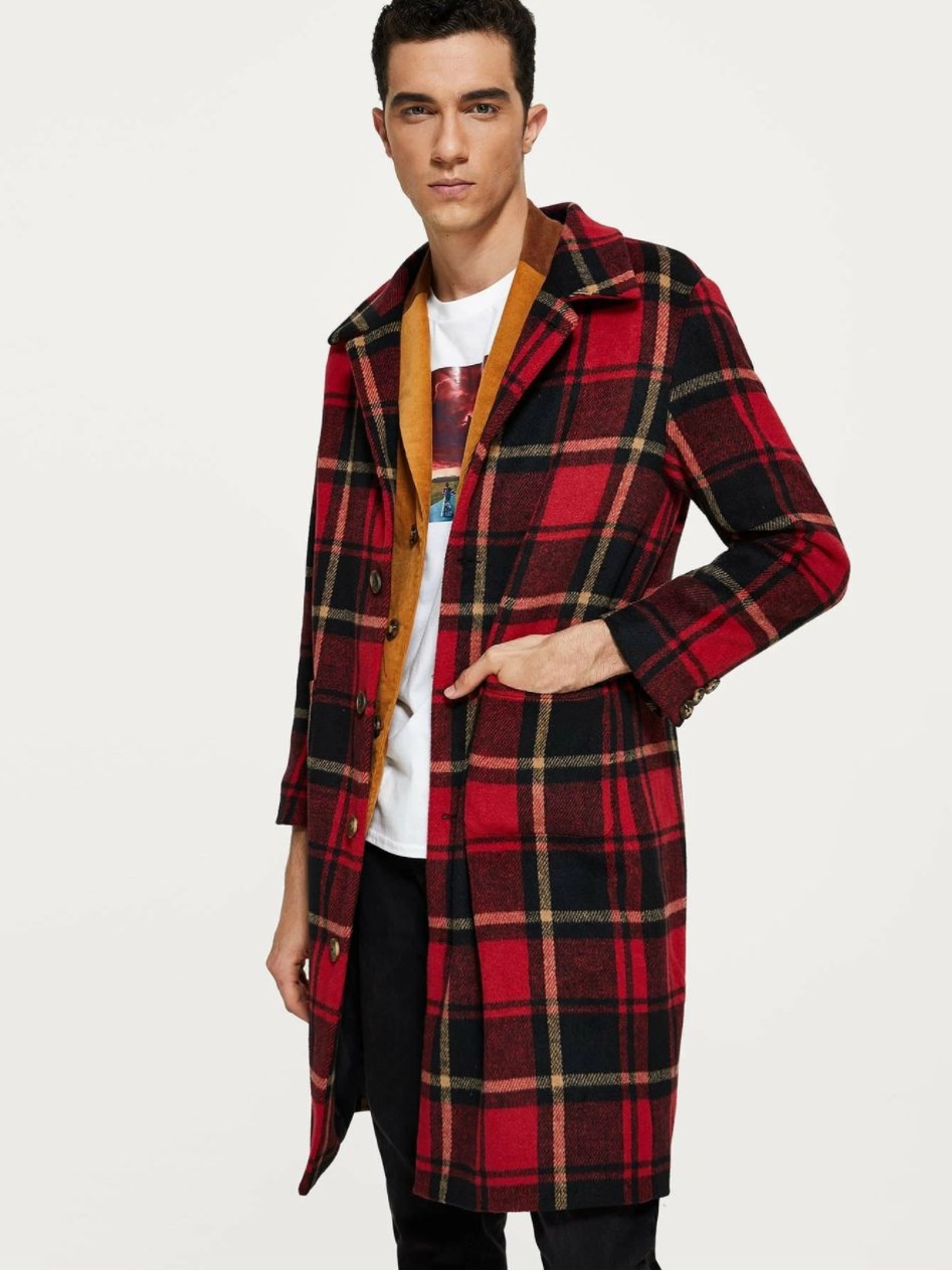 Men Button Up Plaid Print Coat - styleflea