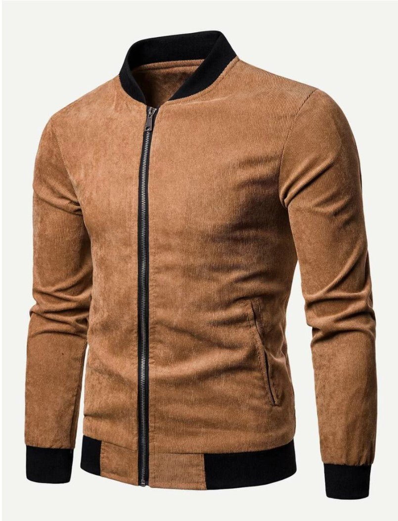 Men Contrast Trim Corduroy Bomber Jacket - styleflea