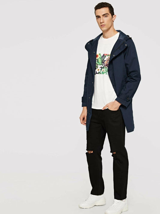 Men Drawstring Hoodie Coat (Blue) - styleflea