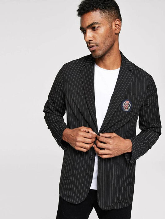 Men Patched Detail Vertical Striped Blazer - styleflea