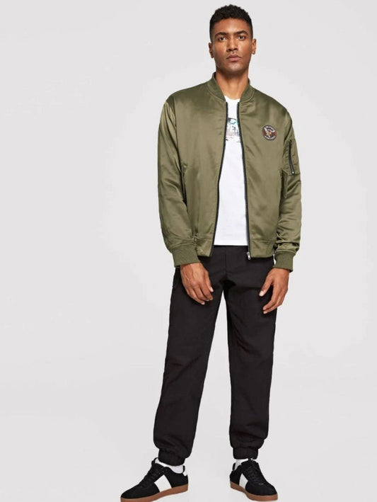 Men Patched Detail Zip Up Bomber Jacket - styleflea