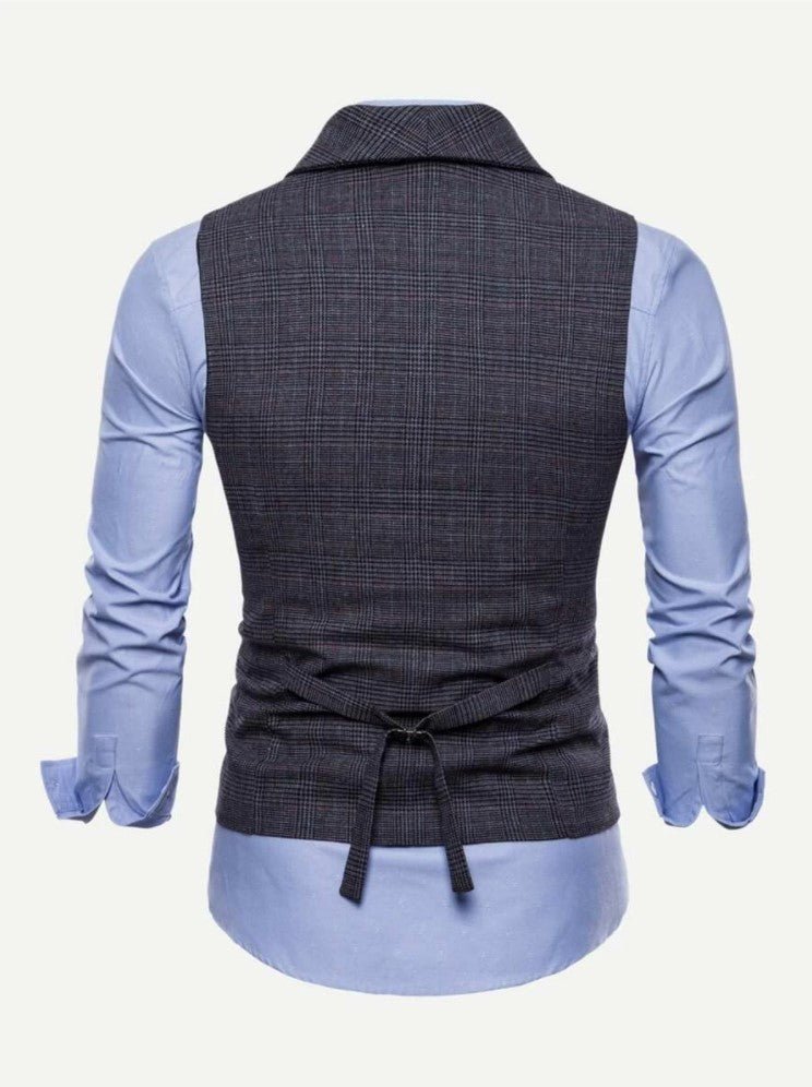 Men Plaid Double Breasted Pointed Darker Grey (ONLY VEST/NO SHIRT & TIE ) - styleflea