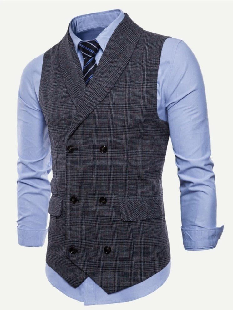 Men Plaid Double Breasted Pointed Darker Grey (ONLY VEST/NO SHIRT & TIE ) - styleflea