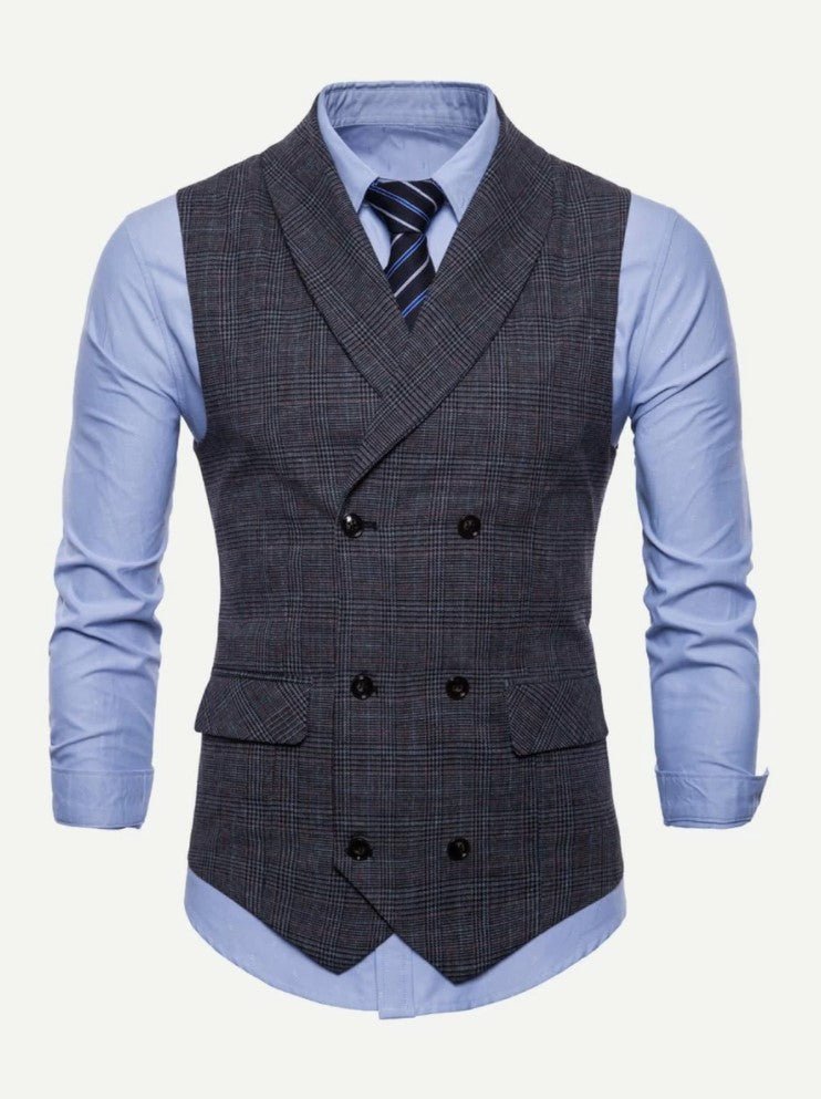 Men Plaid Double Breasted Pointed Darker Grey (ONLY VEST/NO SHIRT & TIE ) - styleflea