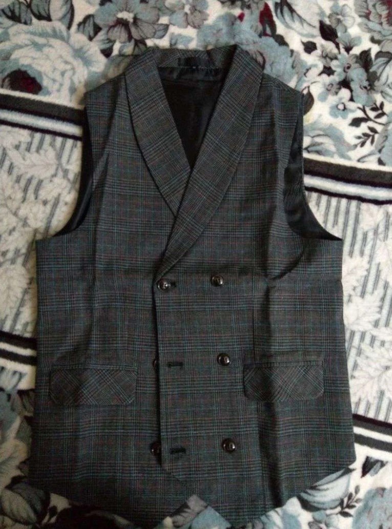 Men Plaid Double Breasted Pointed Darker Grey (ONLY VEST/NO SHIRT & TIE ) - styleflea