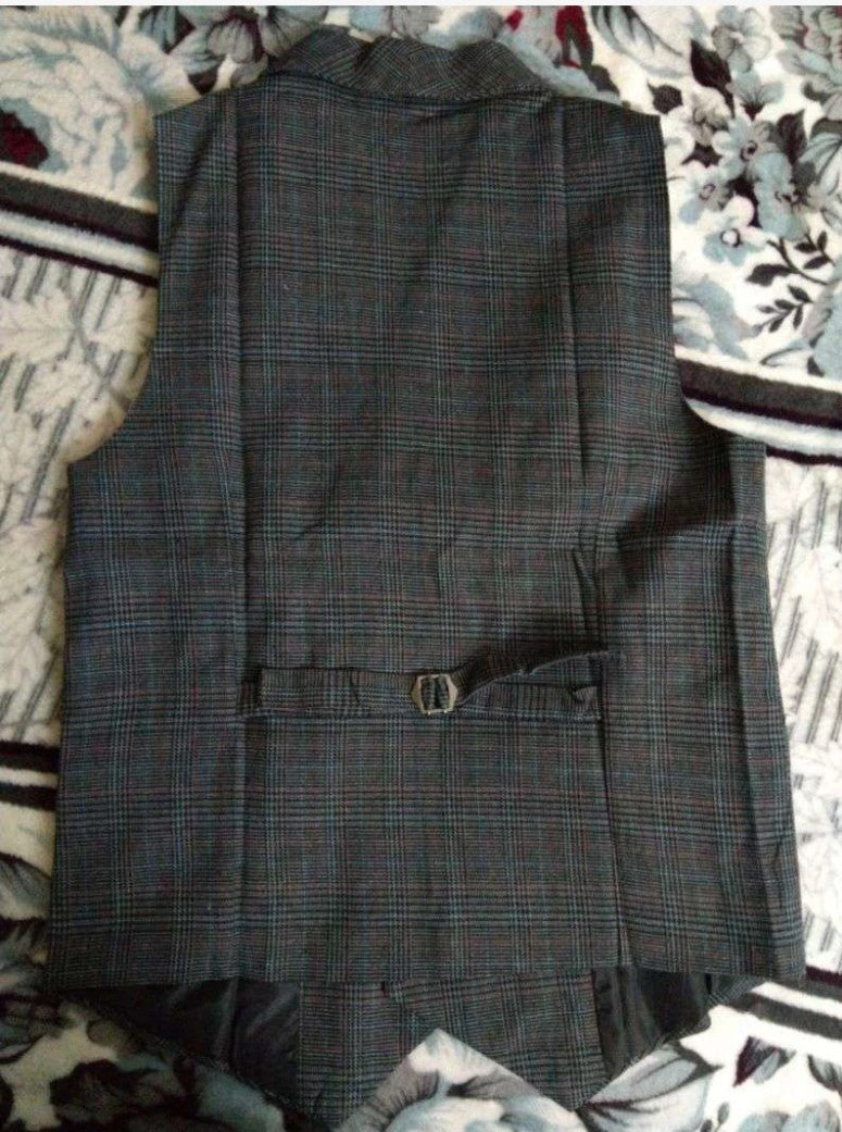 Men Plaid Double Breasted Pointed Darker Grey (ONLY VEST/NO SHIRT & TIE ) - styleflea