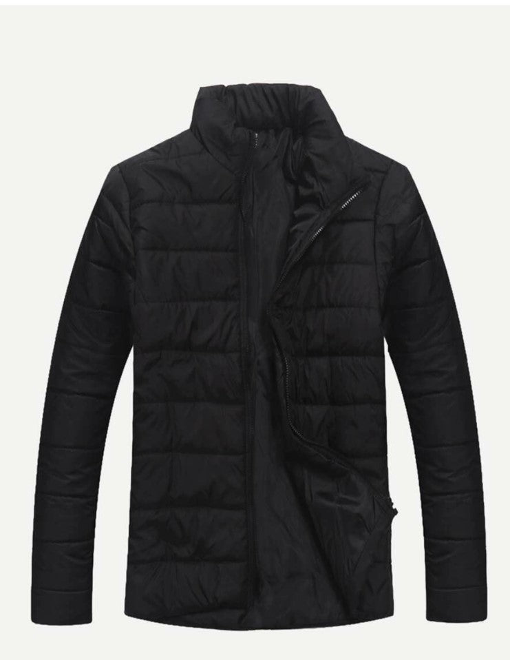 Men Solid Zipper Up Puffer Coat (Black) - styleflea