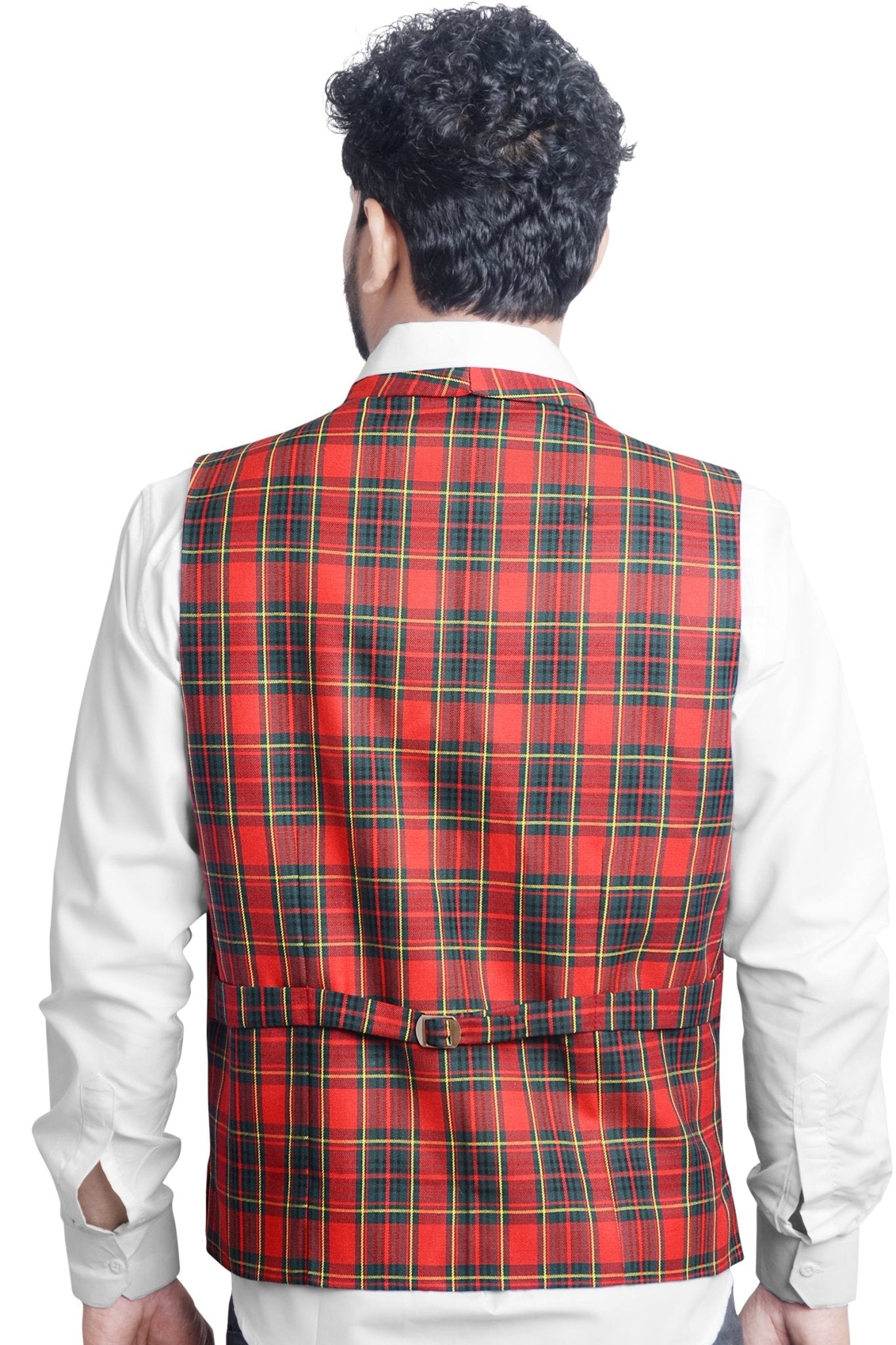 Men's Plaid Double-Breasted Red Waistcoat - styleflea