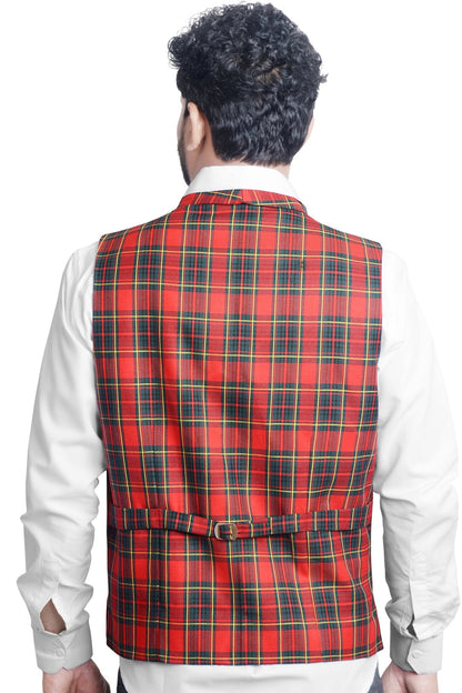 Men's Plaid Double-Breasted Red Waistcoat - styleflea