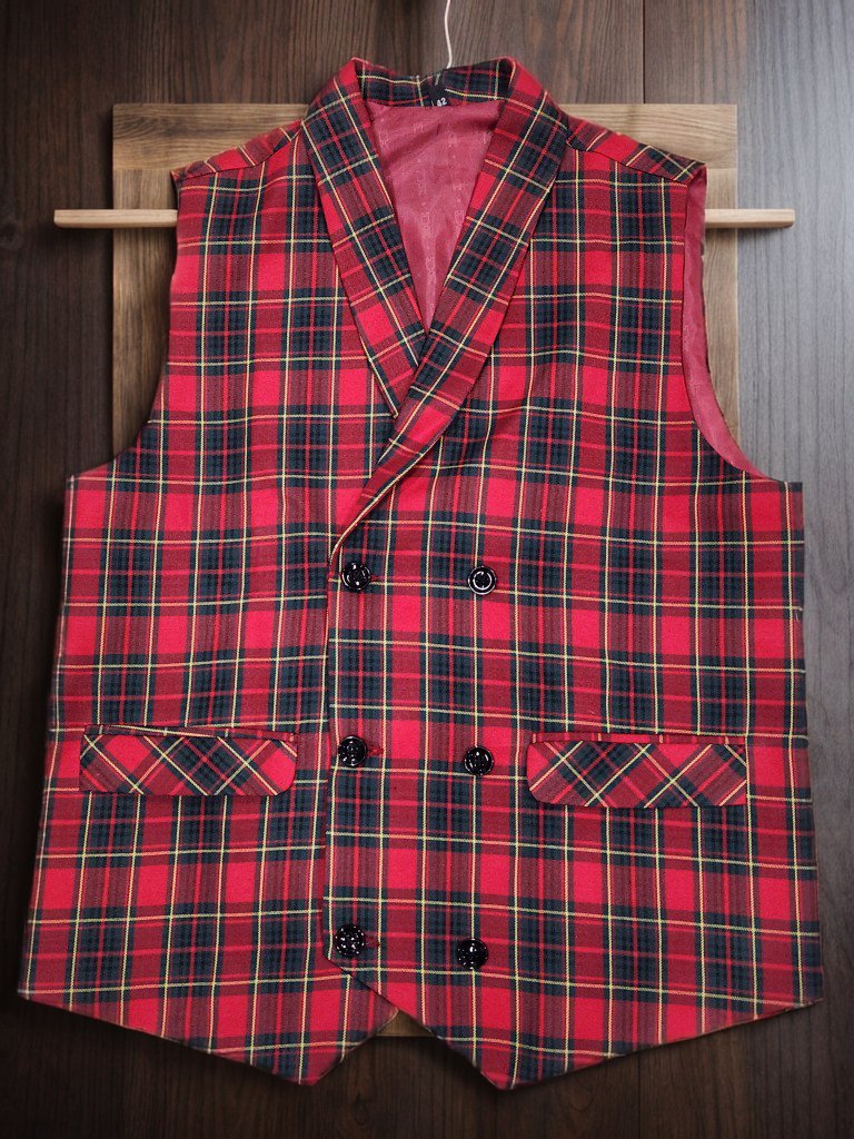 Men's Plaid Double-Breasted Red Waistcoat - styleflea