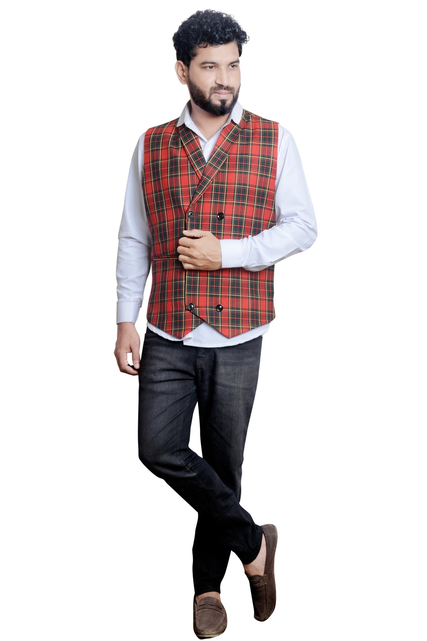 Men's Plaid Double-Breasted Red Waistcoat - styleflea