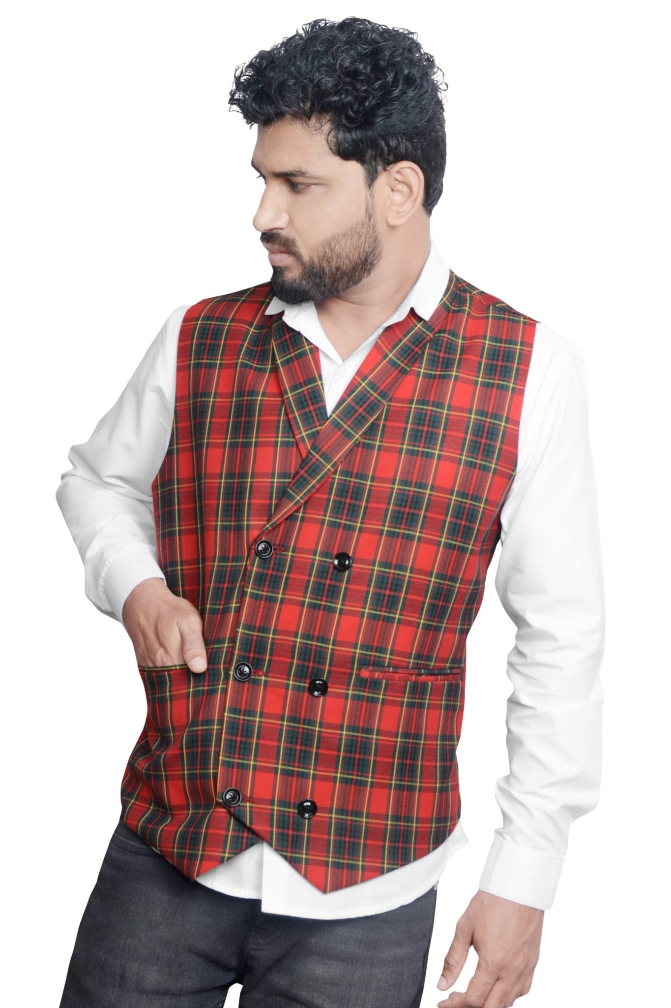 Men's Plaid Double-Breasted Red Waistcoat - styleflea