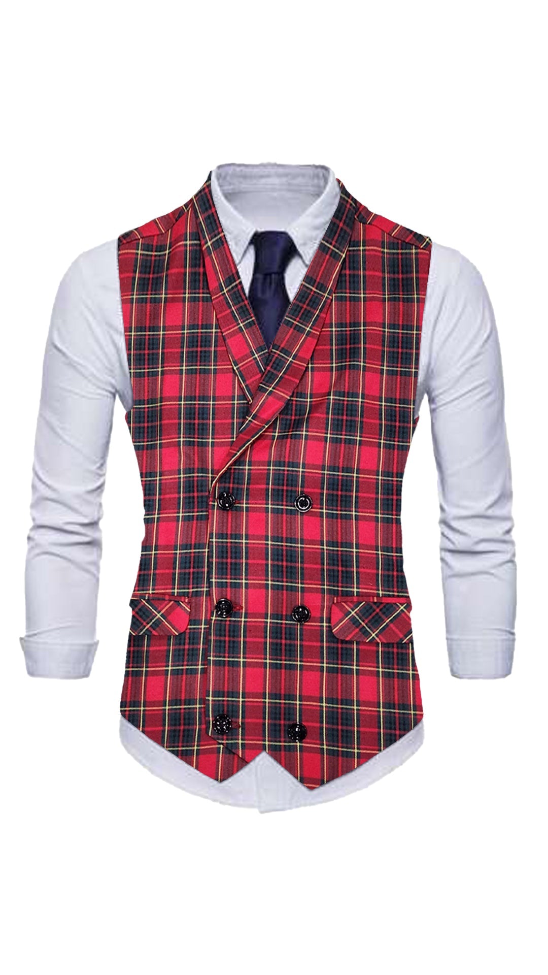 Men's Plaid Double-Breasted Red Waistcoat - styleflea