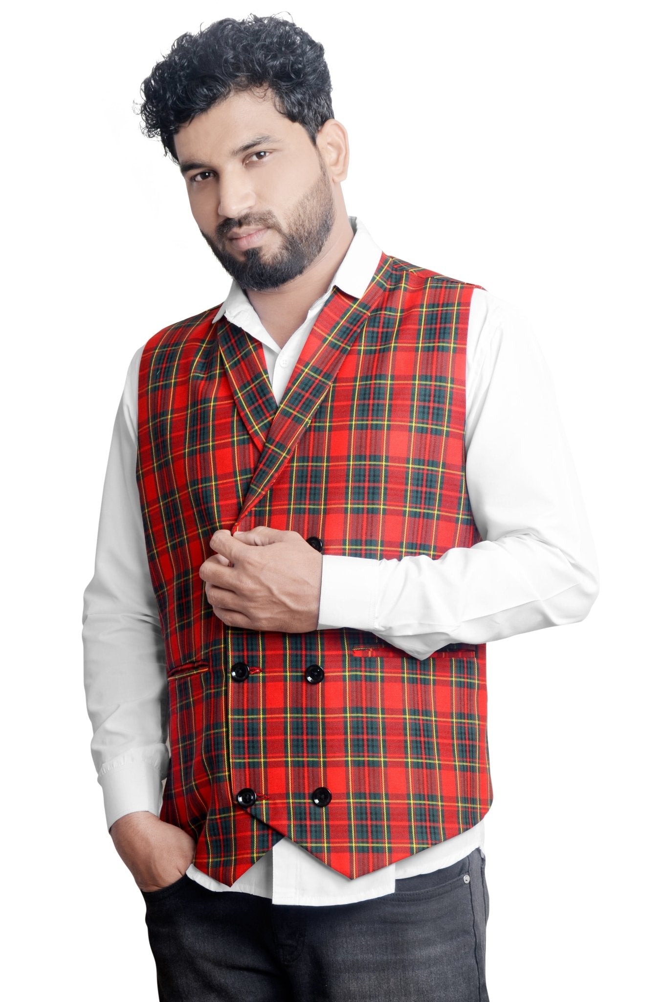 Men's Plaid Double-Breasted Red Waistcoat - styleflea