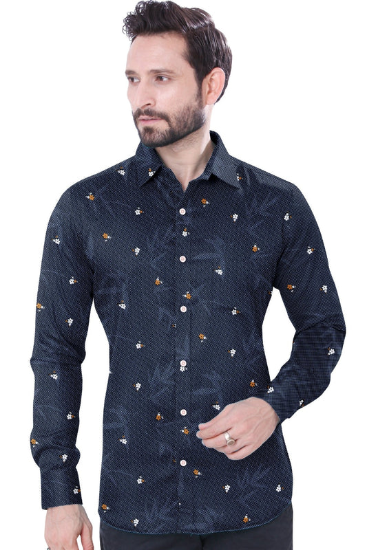 Navy Blue Printed Cotton Shirt