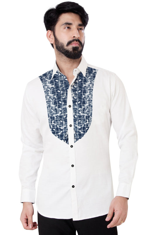 White Blue Patchwork Cotton Shirt - styleflea